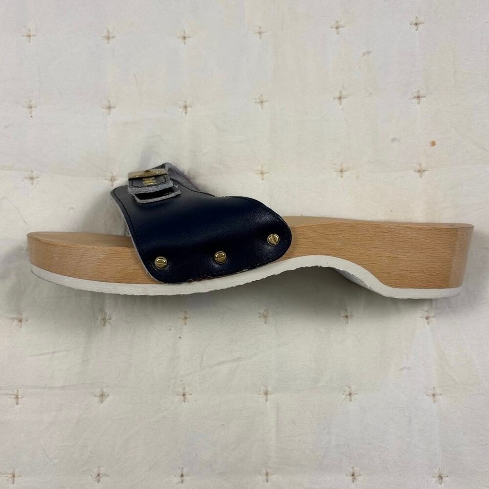 Vintage Dr Scholl's Classic Wooden Platform Sandals Women's 9 Navy Blue - Picture 4 of 6
